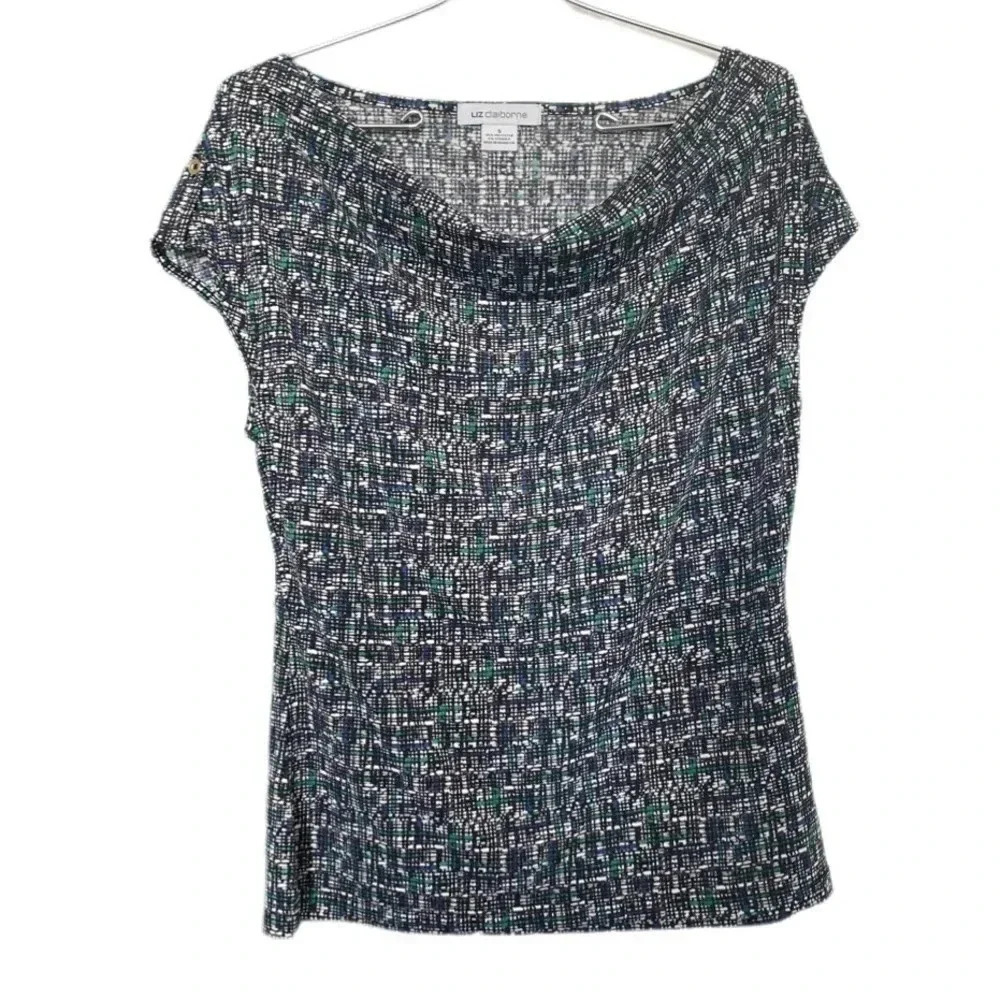Liz Claiborne Dressy Blouse Black Blue Green and White Women’s Small